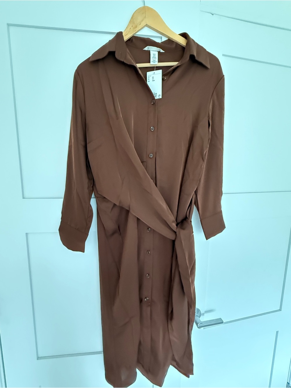 H&M Brown Button-Front Tie-Waist Midi Dress